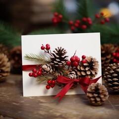 Wall Mural - Christmas card decorated with pine cones and cranberries. Generative AI