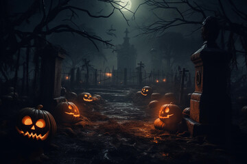 Cementery with some pumpkins in a scary enviroment in halloween