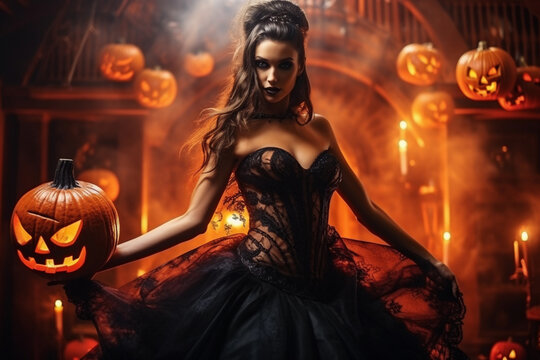 Halloween costume party: beautiful and alluring witch in a dress holding a pumpkin.