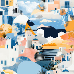 Greece island travel blue collage moodboard repeat pattern