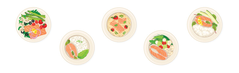 Wall Mural - Salmon Dish as Tasty Seafood Meal Served on Plate Vector Set