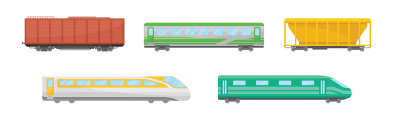 Poster - Passenger and Cargo Train and Railroad Transport with Wagon Vector Set