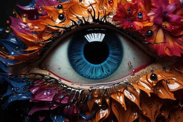 Ferrofluid style abstract modern colorful digital art of human eye portrait.