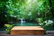 Wood table top podium floor in outdoor waterfall green