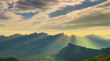 Wall Mural - beautiful landscape of green mountain with clouds fog and golden sky