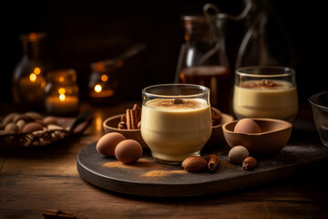 Christmas Eggnog with ingredients on dark wooden table. Horizontal, side view