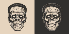 Vintage Retro Halloween Zombie Dead Frankenstein Character Face Portrait. Spooky Scary Horror Element. Monochrome Graphic Art. Vector. Hand Drawn Element Engraving