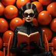 A black-haired woman with sunglasses, dressed in black leather, holds a book with orange covers. She is sitting in an unusually designed orange chair in front of a background made of orange balls.