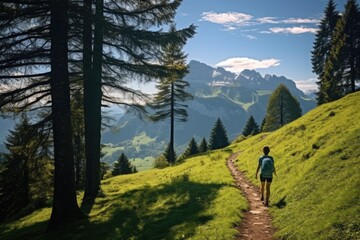 Wall Mural - Athletic Woman Walks On Scenic Hiking Trail ai generated