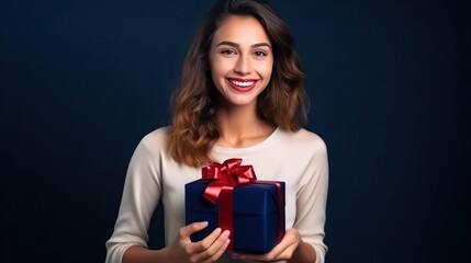 Beautiful girl standing on a blue background with a gift in the han