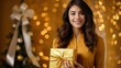 © ArtCookStudio - Beautiful girl standing on a golden background with a gift in the hands