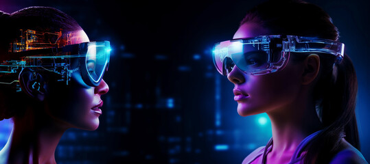 Wall Mural - Concept of future technology or entertainment system, virtual reality. Female portrait.