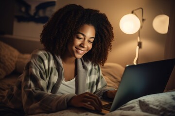 Sticker - Happy Young African American Woman Relaxing With Laptop