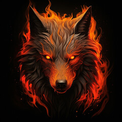  art sketch of a wolf in flames with glowing eyes