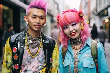 Wall Mural - close up portrait, happy teenage couple lover in colorful punk street fashion style look, Generative Ai