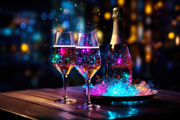 Party background, bottle of champagne and glasses