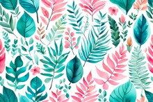 Watercolor Floral Set Of Turquoise And Pink Leaves, Branches, Twigs Etc. Vector Traced Isolated Greenery Illustration 4k, 8k, 16k, Full Ultra Hd, High Resolution And Cinematic Photography