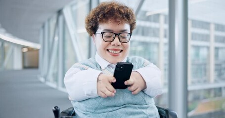 Poster - Wheelchair, phone and a business woman with a disability and communication at office building. Entrepreneur person with a smartphone for internet, social media and funny chat at inclusive workplace