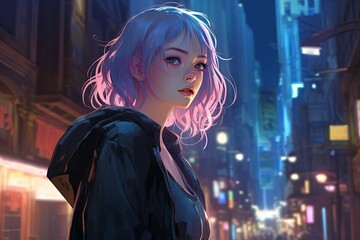 illustration of close up portrait of pretty woman walking in cyberpunk city street, Generative Ai