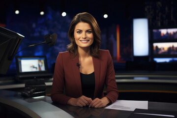 Live news. Female anchor in TV studio on air. Newscaster portrait