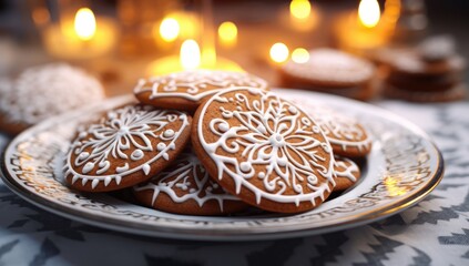 plate of ginger cookies in a snow pattern on the table Generative AI