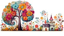 Watercolor Style Illustration Cute Whimsical Fantasy House In Autumn Or Spring Garden, Flower And Leaf In Colorful Tone Color, Generative Ai