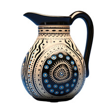 Dot Painting Of Oriental Ornament On A Wooden Jug Blue And Black Colors