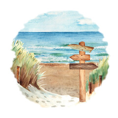 Baltic sea beach with sand dunes and wooden signpost with arrows trafic signs. Ostsee Panorama. Sunny Weather, blue sky with clouds. Hand drawn watercolor illustration.