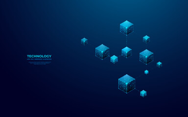 Poster - Abstract digital isometric blockchain concept on blue background. Technology 3D linked blocks in futuristic low poly wireframe graphic design style. Modern polygonal vector illustration for web page.