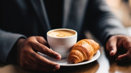 person holding a cup of coffee and a croissant. Generative AI