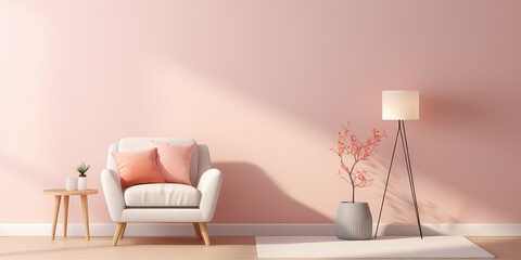 Wall Mural - Living room interior mockup in warm tones with armchair on empty light pink wall background. Pretty cute minimal style interior.