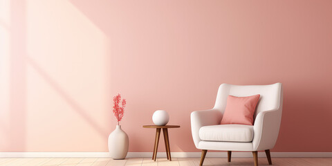 Wall Mural - Living room interior mockup in warm tones with armchair on empty light pink wall background. Pretty cute minimal style interior.