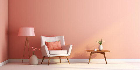 Wall Mural - Living room interior mockup in warm tones with armchair on empty light pink wall background. Pretty cute minimal style interior.