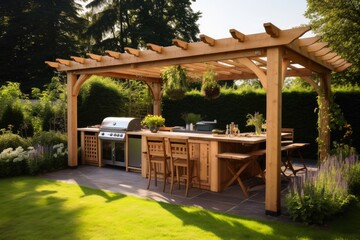 An outdoor kitchen in a garden with pergola.