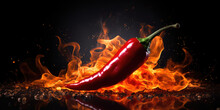 Red Hot Chilli Pepper In Fire On Dark Black Background. Creative Wallpaper With Burning Red Pepper. 