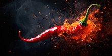 Red Hot Chilli Pepper In Fire On Dark Black Background. Creative Wallpaper With Burning Red Pepper. 