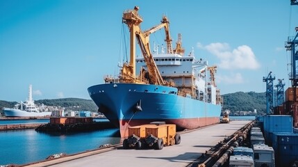 Transport sea vessel is loaded with containers