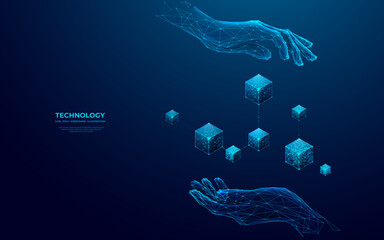 Fototapete - Abstract digital hands holding hologram of blockchain icon in futuristic low poly wireframe style. Virtual reality or metaverse concept on blue technology background. Polygonal 3D vector illustration 