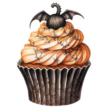 Delicious Vintage Halloween Cupcake Watercolor, Retro Sweet And Spooky Dessert, Pumpkin, Spider. Isolated On Transparent Background. Generative AI
