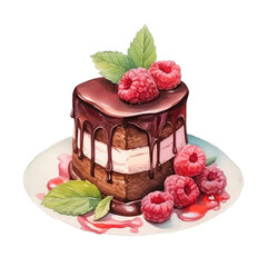 Canvas Print - Illustration of a small cake with raspberries mint leaf chocolate and almonds painted with watercolors Set against a transparent background