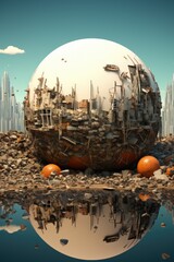 Wall Mural - A large white ball sitting on top of a pile of rubble. Generative AI image.