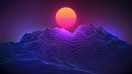 Wall Mural - synthwave sunset background. 80s sun over line landscape. dark starry sky. virtual 3d scene. perspec