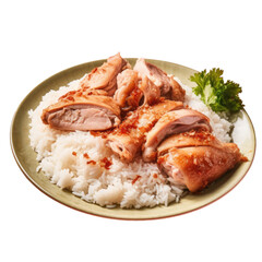 Sticker - Close up shot of chicken and rice on a plate against an isolated background