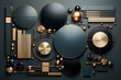 Dekorativ angeordnete abstrakte 3D Kreise, Kugeln und Linien aus Metall in Gold und Schwarz auf dunklem Untergrund als Flatlay Hintergrund