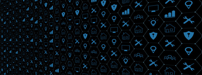 Poster - background Intelligent home management system. The concept of a smart home security system Smart Home technology The building consists of numbers and is connected by icons of household smart devices