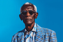 Generative AI Illustration Portrait Of Senior African American Male In Trendy Sunglasses And Checkered Suit Looking At Camera Against Blue Background