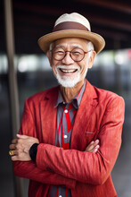 Generative AI Illustration Of Positive Asian Senior Man In Stylish Red Suit Outfit And Hat Smiling And Looking At Camera