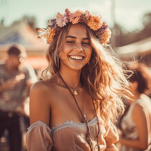Generative AI Illustration Of Young Blonde Woman With A Flower Crown On Her Head At A Daylight Festival In Blurred Background