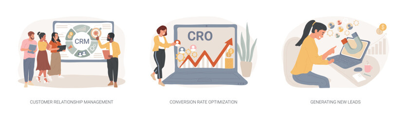 Poster - CRM lead management isolated concept vector illustration set. Customer relationship management, conversion rate optimization, generating new leads, sales data, marketing software vector concept.