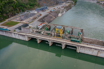 Wall Mural - Dam of Kirnati Hydroelectric power plant on Chorokh river, Georgia, aerial drone view